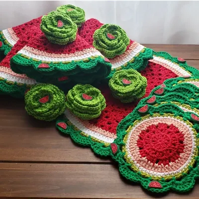 Kit Sousplat Melancia em Crochê 18 Peças - artesanato de Mari Crochê feito com carinho!