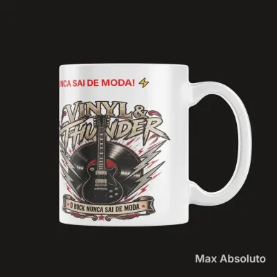 Caneca Estampa Tipográfica Vinyl & Thunder Rock Retrô 325ml - artesanato de Max Absoluto