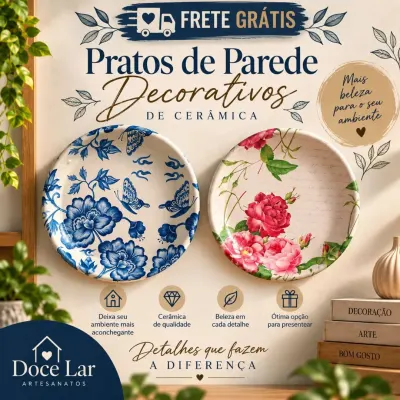 Kit 2 Prato de Parede Enfeite Decorativo De Cerâmica Artesanal Floral - artesanato de Doce Lar Artesanatos