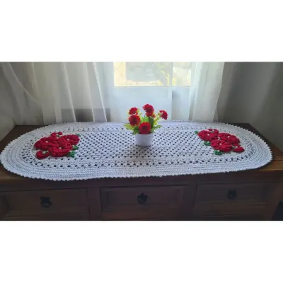 Trilho de Mesa em crochê Romântico Flores e Botões - artesanato de Mari Crochê feito com carinho!