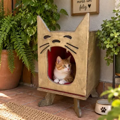 🐾 Casinha para Gatos em Madeira – Modelo Gatinho Rústico - artesanato de HRC Madeiras