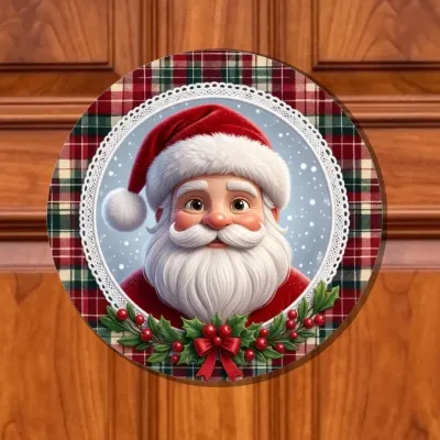Guirlanda de Natal enfeite de porta Placa decorativa MDF 33 cm Papai Noel xadrez - artesanato de Limão e Amora Festas