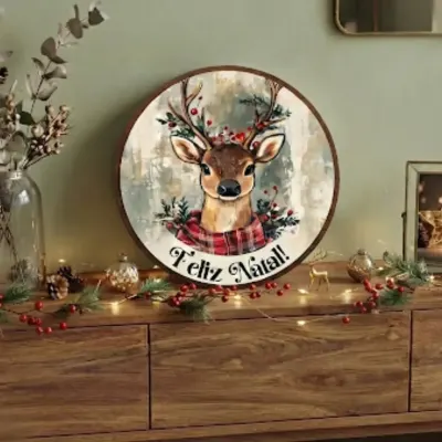 Placa decorativa MDF 33 cm Guirlanda de Natal enfeite de porta Rena - artesanato de Limão e Amora Festas