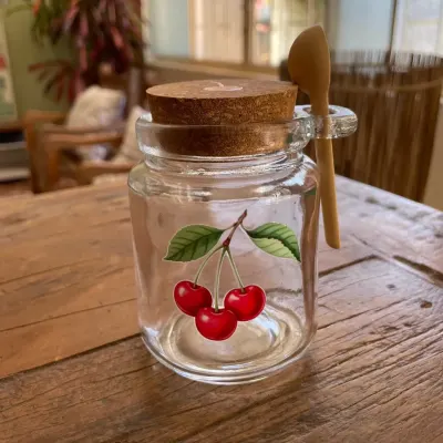 Potinho de vidro para tempero cerejinhas - artesanato de Podentrar