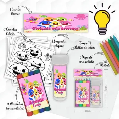 Kit Massinha + Giz + Bolha Baby Shark Menina Personalizado - artesanato de Mi Papelaria Criativa