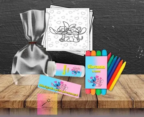 Kit Massinha + Giz + Bolha Stitch e Angel Personalizado - artesanato de Artmanha Lembrancinhas