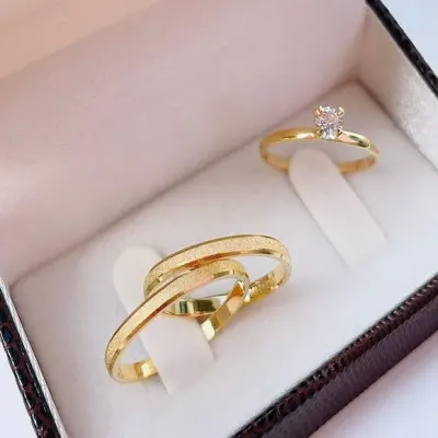 Alianças de Ouro 18k 2mm 2grs Casamento + Anel Solitário - artesanato de TM JOIAS