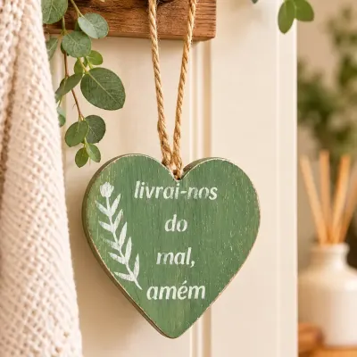 Pendente e aromatizador coração de madeira verde e areia - artesanato de Podentrar