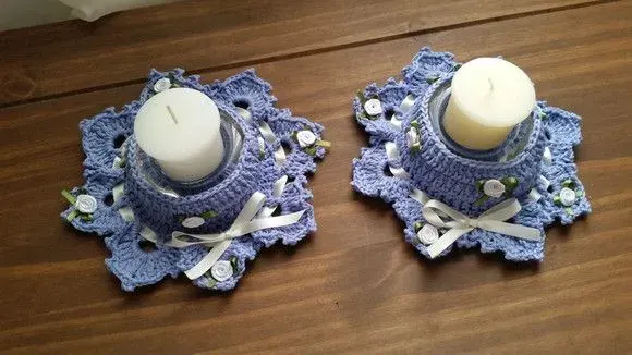 Conjunto de Porta Velas em Crochê Serenity Azul - artesanato de Mari Crochê feito com carinho!