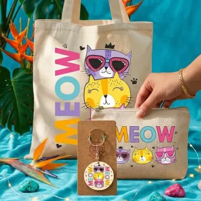Kit Ecobag Necessaire E Chaveiro Presente Feminino Criativo Cat Meow - artesanato de Limão e Amora Festas