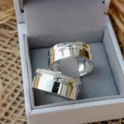 Par Alianças Prata 950 Namoro 8mm + Anel Compromisso - artesanato de TM JOIAS
