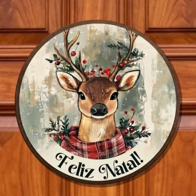 Guirlanda de Natal enfeite de porta Placa decorativa MDF 33 cm Rena - artesanato de Limão e Amora Festas