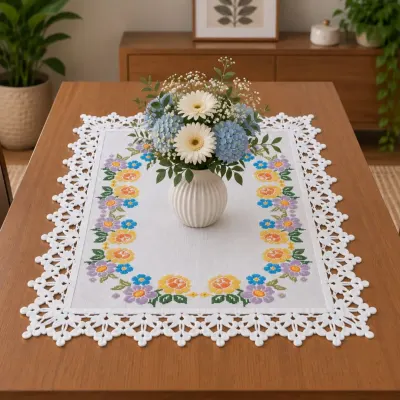Centro de Mesa bordado em ponto cruz com barrado de crochê - CM08 - artesanato de Ivis by Hands