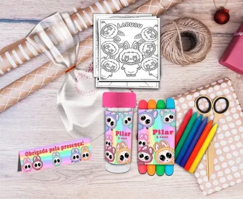 Kit Massinha + Giz + Bolha Labubu Personalizado - artesanato de Artmanha Lembrancinhas