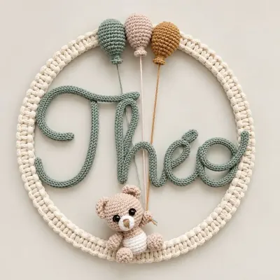 Porta Maternidade Ursinho e Baloes Nome Personalizado Tricotin Amigurumi Guirlanda Macrame - artesanato de Hellow Kids