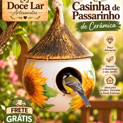 Casinha de Passarinho de Cerâmica Artesanal Girassol Rústico - artesanato de Doce Lar Artesanatos
