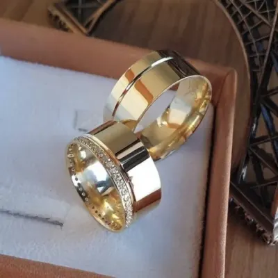 Alianças de Ouro 18k 8mm 8grs Casamento + Anel Solitário - artesanato de TM JOIAS