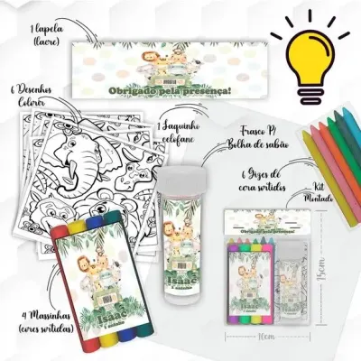 Kit Massinha + Giz + Bolha Safari Personalizado - artesanato de Mi Papelaria Criativa