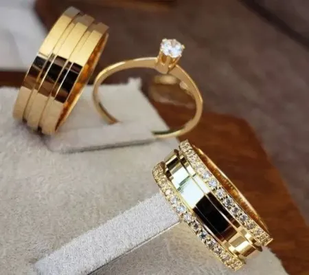 Par Alianças de Noivado Moeda Antiga 8mm + Anel Solitário - artesanato de TM JOIAS