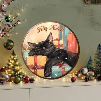 Placa decorativa MDF 33 cm Guirlanda de Natal enfeite de porta Gatinho - artesanato de Limão e Amora Festas
