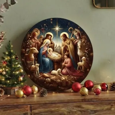 Placa decorativa MDF 33 cm Guirlanda de Natal enfeite de porta Presépio 2 - artesanato de Limão e Amora Festas