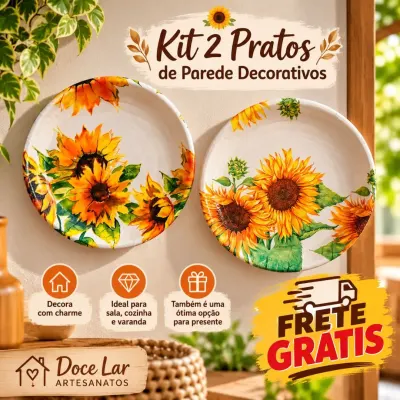 Kit 2 Prato de Parede Enfeite Decorativo De Cerâmica Artesanal Girassol 2 - artesanato de Doce Lar Artesanatos