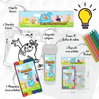Kit Massinha + Giz + Bolha Galinha Pintadinha Personalizado - artesanato de Mi Papelaria Criativa