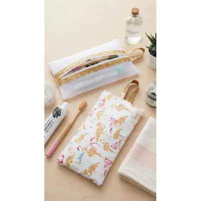 Necessaire Kit Higiene Bucal Flamingo Dourado com Visor Transparente - artesanato de Innovare Studio