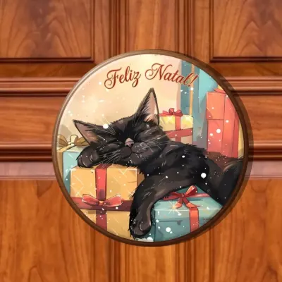 Guirlanda de Natal enfeite de porta Placa decorativa MDF 33 cm Gatinho - artesanato de Limão e Amora Festas