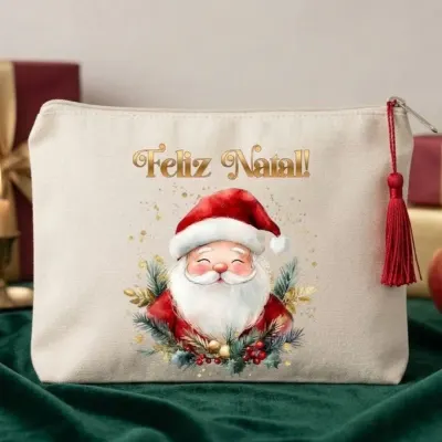 Nécessaire Personalizada em algodão Lembrancinha Natal Papai Noel - artesanato de Limão e Amora Festas