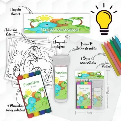 Kit Massinha + Giz + Bolha Dinossauro Baby Personalizado - artesanato de Mi Papelaria Criativa