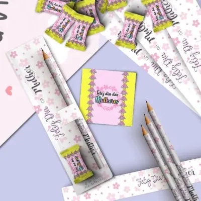 Lápis com Cartão e Bala- Dia das Mulheres Personalizado - artesanato de Mi Papelaria Criativa
