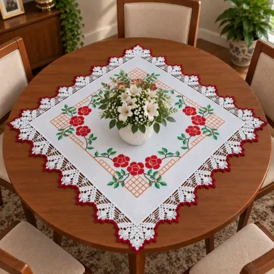 Centro de mesa bordado em ponto cruz com barrado de crochê - CM07 - artesanato de Ivis by Hands