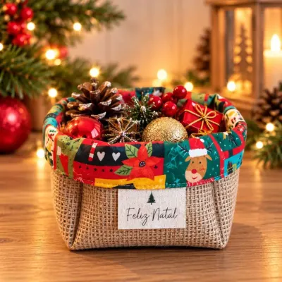 Cesta de Natal e Ocasiões - Juta e Tecido - Lembrancinha e Brinde - artesanato de Craft.Mimo