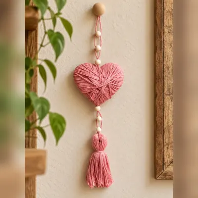 Pendente coração de linha rosa - artesanato de Podentrar