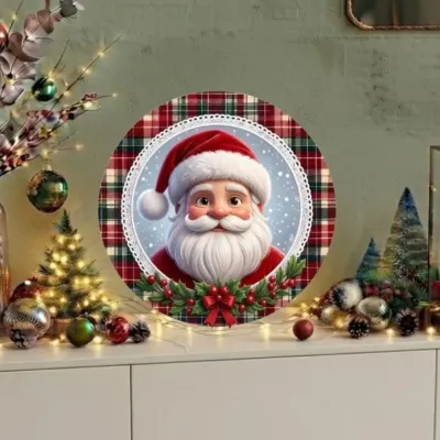 Placa decorativa MDF 33 cm Guirlanda de Natal enfeite de porta Papai Noel xadrez - artesanato de Limão e Amora Festas