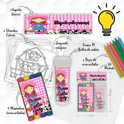 Kit Massinha + Giz + Bolha Fazendinha Rosa Personalizado - artesanato de Mi Papelaria Criativa