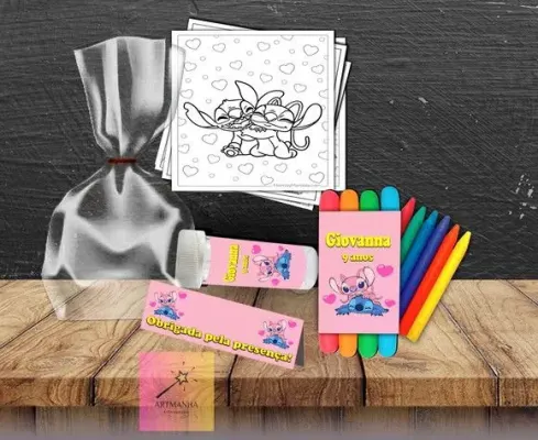 Kit Massinha + Giz + Bolha Stitch e Angel Personalizado - artesanato de Artmanha Lembrancinhas