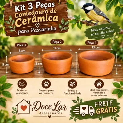 Kit 3 Peças Comedouro e Bebedouro Para Pássaros De Barro Cerâmica - artesanato de Doce Lar Artesanatos