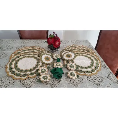 Kit Sousplat em Crochê Luxo Turco Verde Militar (18 Peças) - artesanato de Mari Crochê feito com carinho!