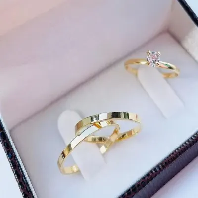 Alianças de Ouro 18k 2mm 2grs Casamento + Anel Solitário - artesanato de TM JOIAS