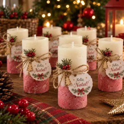 Vela Aromática de Natal Artesanal Linha Baby Class Cimento e Cera de Coco - 8cm e 12cm - artesanato de Casa Colombo Artesanal