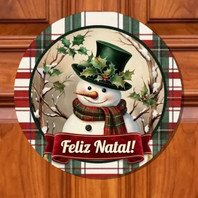 Guirlanda de Natal enfeite de porta Placa decorativa MDF 33 cm Boneco de Neve Xadrez - artesanato de Limão e Amora Festas