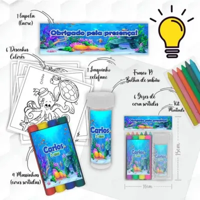 Kit Massinha + Giz + Bolha Fundo do Mar Personalizado - artesanato de Mi Papelaria Criativa
