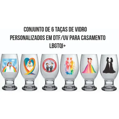 Conjunto de 6 Taças de Vidro 250 ml Personalizadas a Pedido do Cliente para Casamentos Lbgtqi+ - artesanato de Kharmo Arts Camisetas e Brindes Personalizados