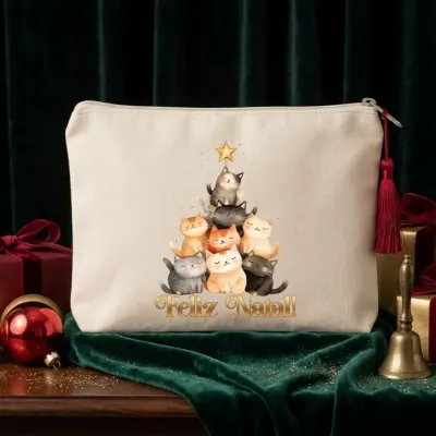 Nécessaire Personalizada em algodão Lembrancinha Arvore de Natal gatos - artesanato de Limão e Amora Festas