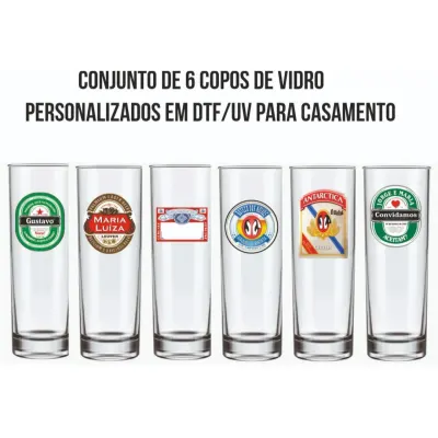 Conjunto de 6 Copos de Vidro - 300ml - Personalizados a Pedido do Cliente com Dtf/Uv para Comemoração, Casamentos e Eventos. - artesanato de Kharmo Arts Camisetas e Brindes Personalizados