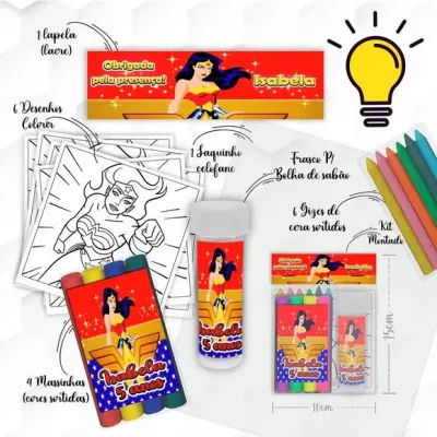 Kit Massinha + Giz + Bolha Mulher Maravilha Personalizado - artesanato de Mi Papelaria Criativa
