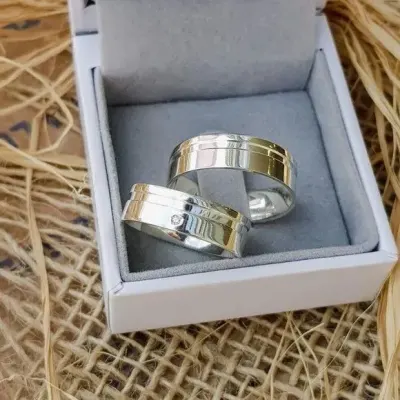 Par Alianças Prata 950 Namoro 6mm + Anel Compromisso - artesanato de TM JOIAS