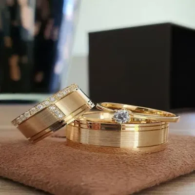 Alianças de Ouro 18k 8mm 8grs Casamento + Anel Solitário - artesanato de TM JOIAS